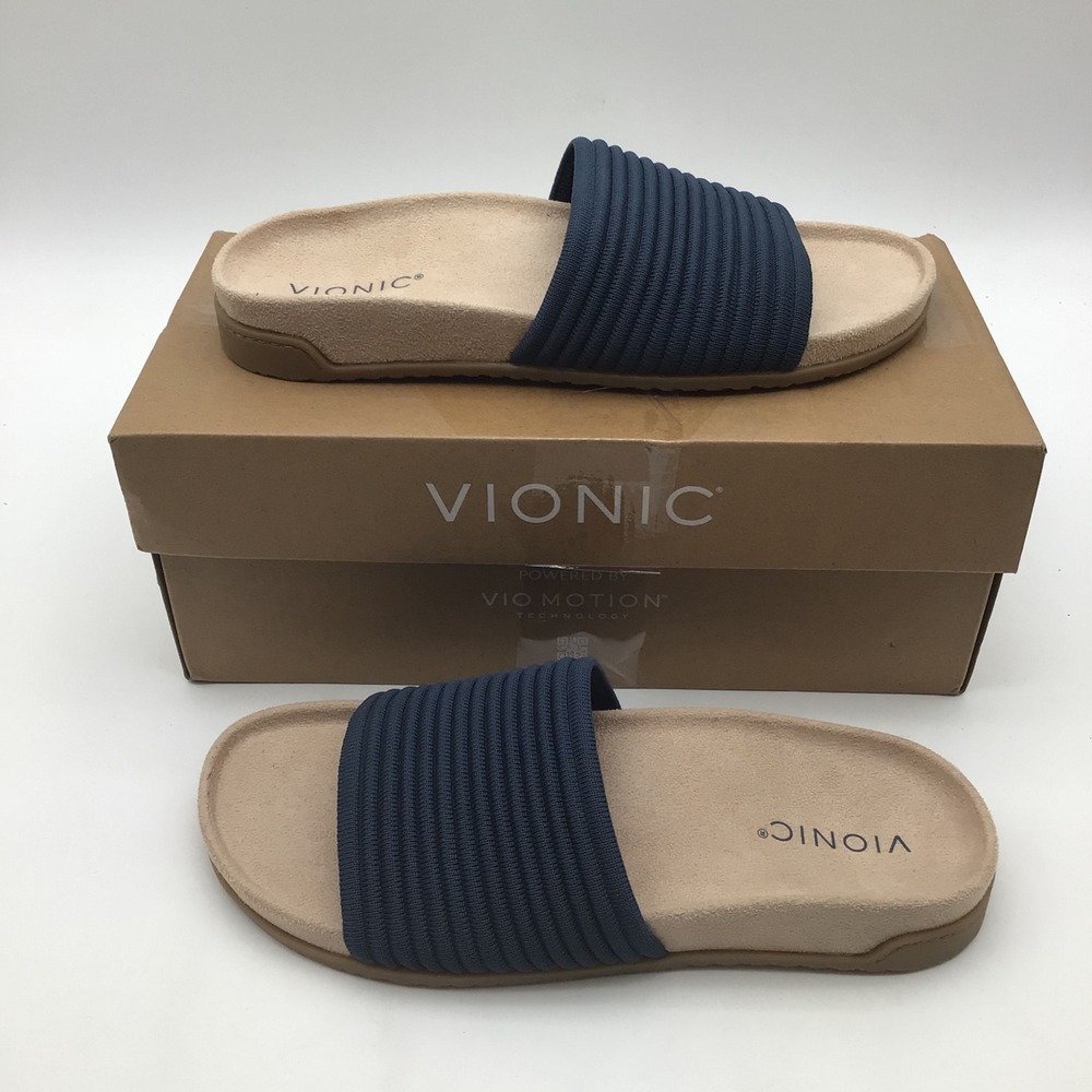Vionic Evie Knit Slide Sandals Dark Denim Navy Blue Women Size 8 M NEW